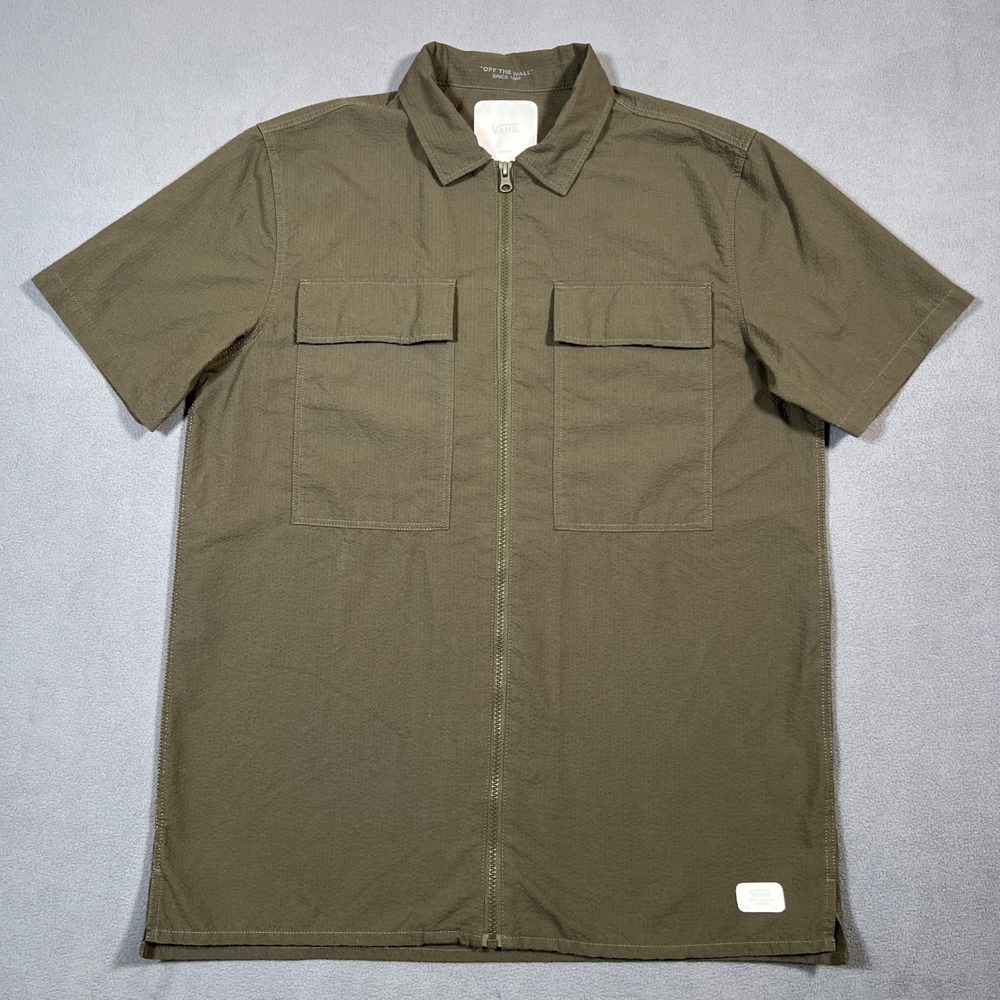 Vans Mens Short Sleeve Zip‎ Up Utility Shirt Olive Green Medium Classic Fit